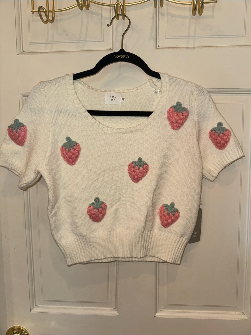 Luna Ivy Cream Strawberry Embroidered Short Sleeve Sweater Top